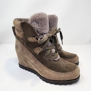 UGG Valory Mole Brown Suede Leather Wedge Boot Women Size 8 Waterproof Lace Up